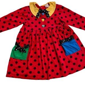 Vintage 80s 90s Vivid Multicolor Polka Dot Long Sleeve Heart Button Collar Dress